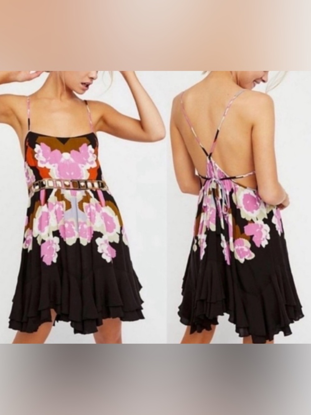 Sweet Alice intimately free people floral Strap Mini Dress - Black & Pink M soft